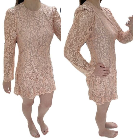 Le Art Vintage Pink Champagne Lace Layered Long Sleeve Dress Women’s Size 10 - Picture 2 of 10